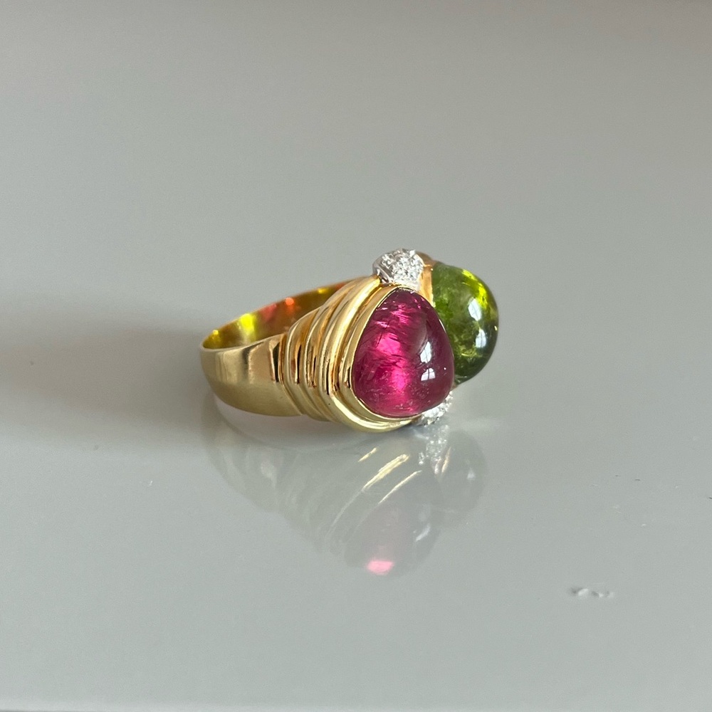 18k Gold Pink Tourmaline, Peridot & Diamond Ring Size 9